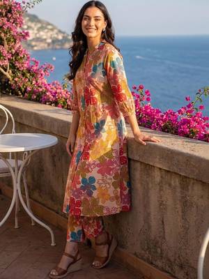 Women Floral Printed Regular Pure Cotton Kurta with Trousers 6