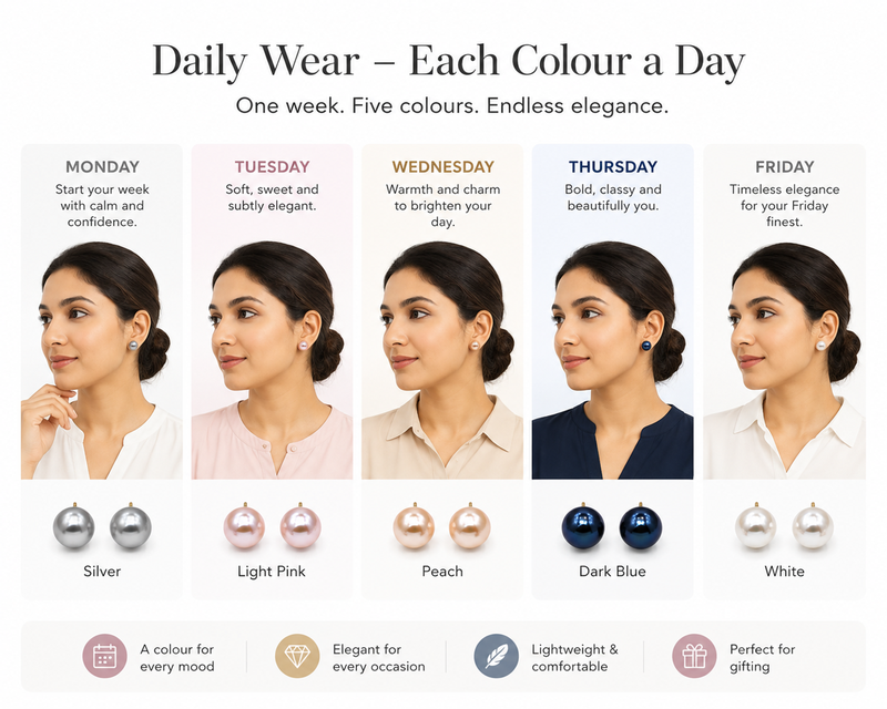 Pearl stud earrings for women, 5 colours, daily wear