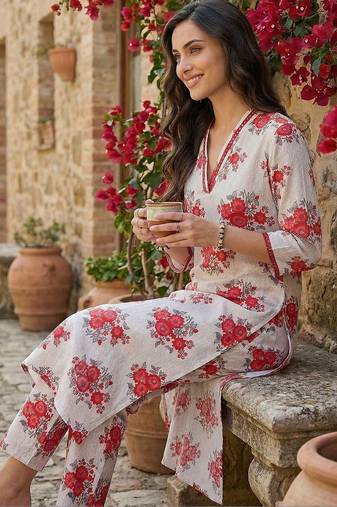 Women Floral Printed Regular Pure Cotton Kurta with Trousers