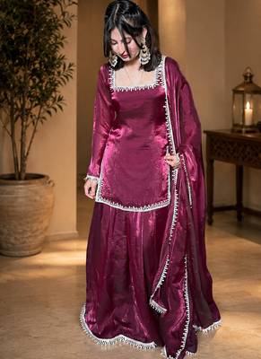 Women floral embroidered regular sequinned fendy satin kurta with sharara & with dupatta 1