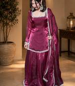 Women floral embroidered regular sequinned fendy satin kurta with sharara & with dupatta