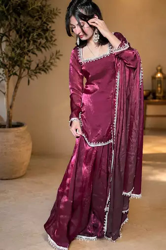 Women floral embroidered regular sequinned fendy satin kurta with sharara & with dupatta