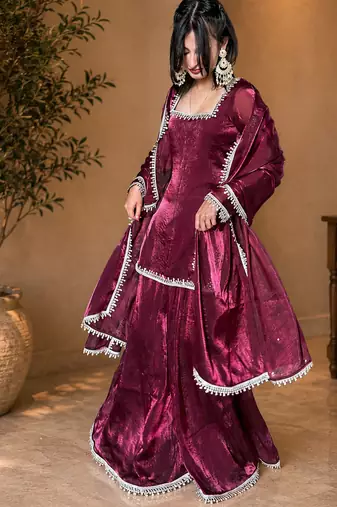 Women floral embroidered regular sequinned fendy satin kurta with sharara & with dupatta