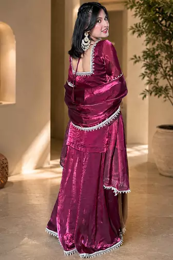 Women floral embroidered regular sequinned fendy satin kurta with sharara & with dupatta