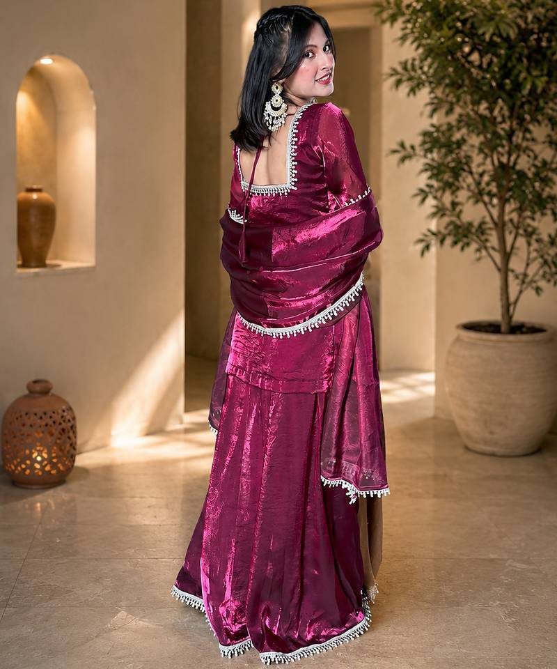 Women floral embroidered regular sequinned fendy satin kurta with sharara & with dupatta