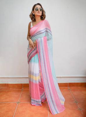 Printed floral ethnic motifs linen digital saree with blouse piece 1