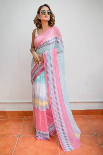 Printed floral ethnic motifs linen digital saree with blouse piece