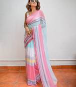 Printed floral ethnic motifs linen digital saree with blouse piece