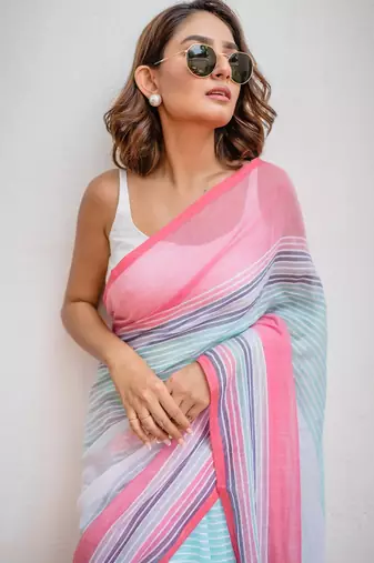 Printed floral ethnic motifs linen digital saree with blouse piece