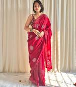Printed floral ethnic motifs linen digital saree with blouse piece