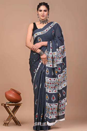 Printed floral ethnic motifs linen digital saree with blouse piece