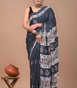 Printed floral ethnic motifs linen digital saree with blouse piece