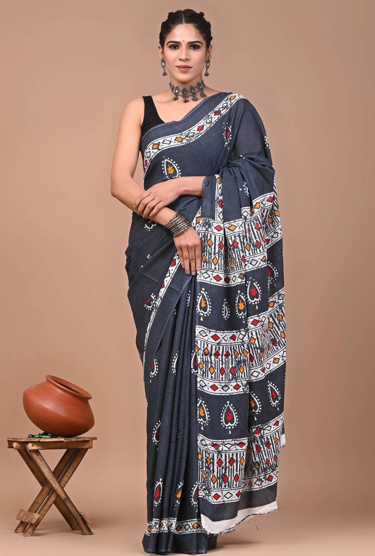 Printed floral ethnic motifs linen digital saree with blouse piece