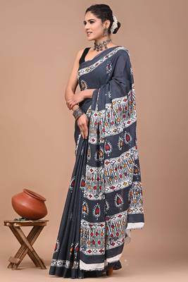 Printed floral ethnic motifs linen digital saree with blouse piece 2