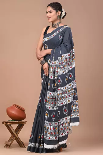 Printed floral ethnic motifs linen digital saree with blouse piece