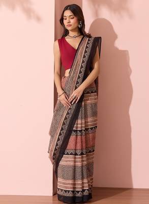 Printed floral ethnic motifs linen digital saree with blouse piece 1