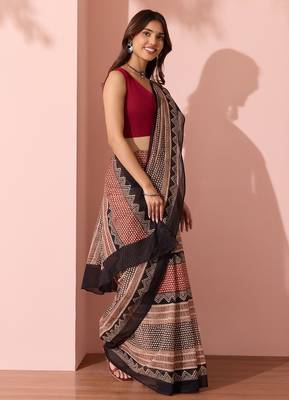 Printed floral ethnic motifs linen digital saree with blouse piece 2