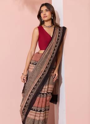 Printed floral ethnic motifs linen digital saree with blouse piece 4