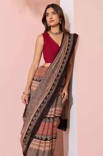 Printed floral ethnic motifs linen digital saree with blouse piece