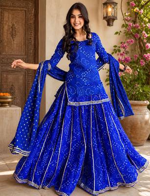 Women bandhani embroidered regular sequinned georgette silk kurta with sharara & with dupatta 1