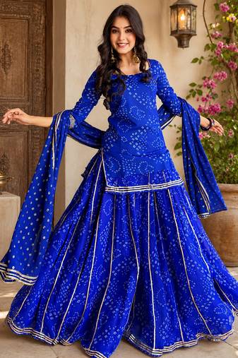 Women bandhani embroidered regular sequinned georgette silk kurta with sharara & with dupatta