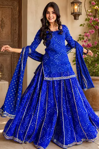 Women bandhani embroidered regular sequinned georgette silk kurta with sharara & with dupatta