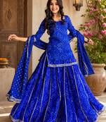 Women bandhani embroidered regular sequinned georgette silk kurta with sharara & with dupatta