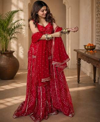 Women bandhani embroidered regular sequinned georgette silk kurta with sharara & with dupatta 1