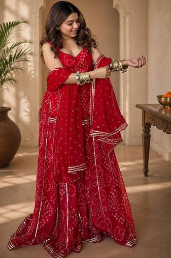 Women bandhani embroidered regular sequinned georgette silk kurta with sharara & with dupatta