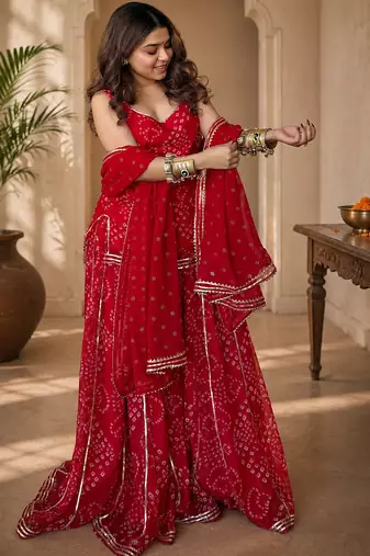 Women bandhani embroidered regular sequinned georgette silk kurta with sharara & with dupatta