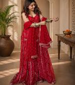 Women bandhani embroidered regular sequinned georgette silk kurta with sharara & with dupatta