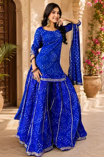 Women bandhani embroidered regular sequinned georgette silk kurta with sharara & with dupatta