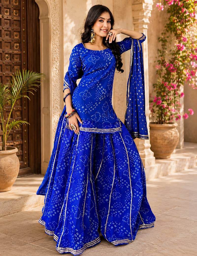 Women bandhani embroidered regular sequinned georgette silk kurta with sharara & with dupatta