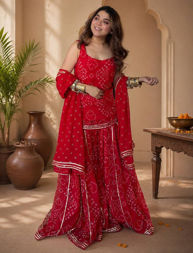 Women bandhani embroidered regular sequinned georgette silk kurta with sharara & with dupatta