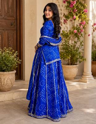 Women bandhani embroidered regular sequinned georgette silk kurta with sharara & with dupatta 3