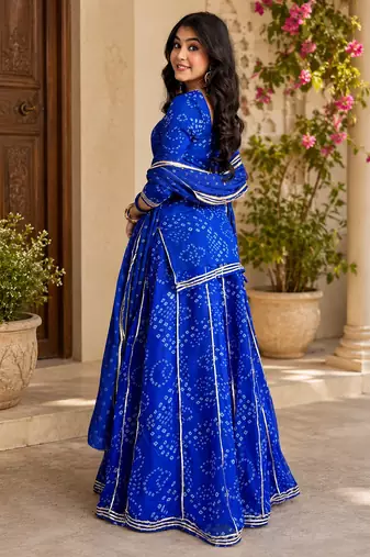 Women bandhani embroidered regular sequinned georgette silk kurta with sharara & with dupatta