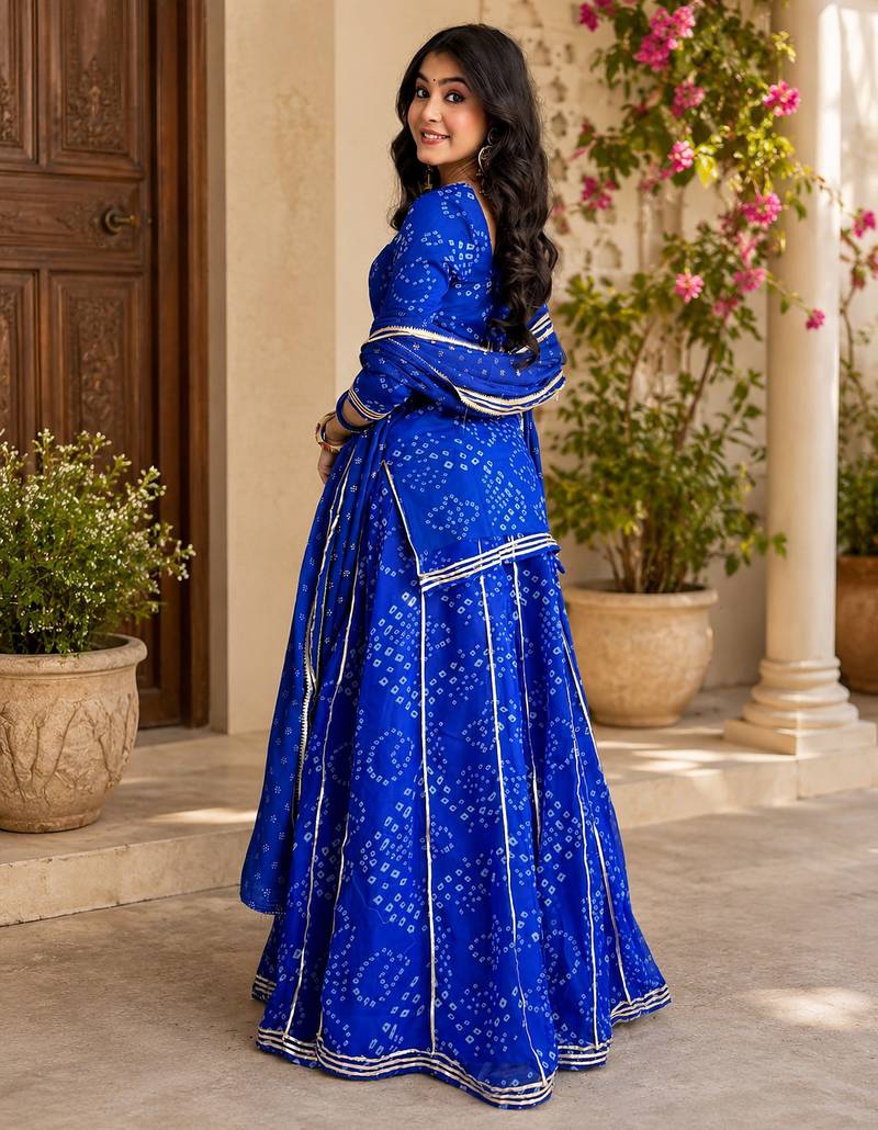 Women bandhani embroidered regular sequinned georgette silk kurta with sharara & with dupatta