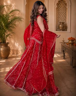 Women bandhani embroidered regular sequinned georgette silk kurta with sharara & with dupatta 3