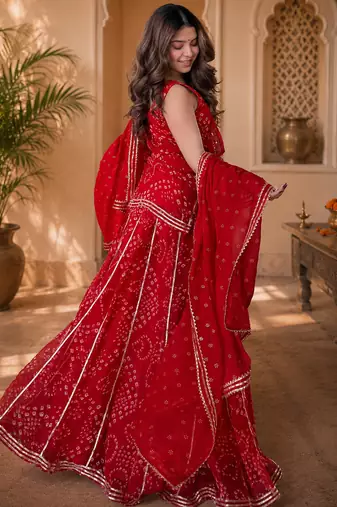 Women bandhani embroidered regular sequinned georgette silk kurta with sharara & with dupatta