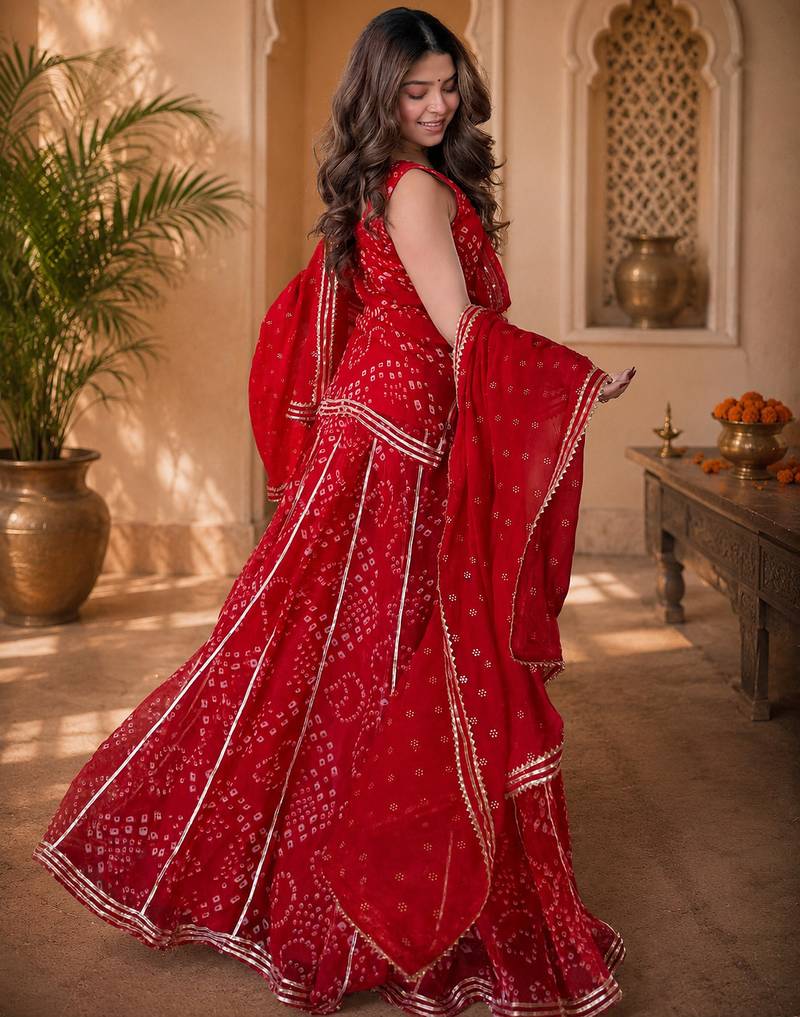 Women bandhani embroidered regular sequinned georgette silk kurta with sharara & with dupatta