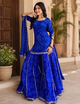 Women bandhani embroidered regular sequinned georgette silk kurta with sharara & with dupatta 4