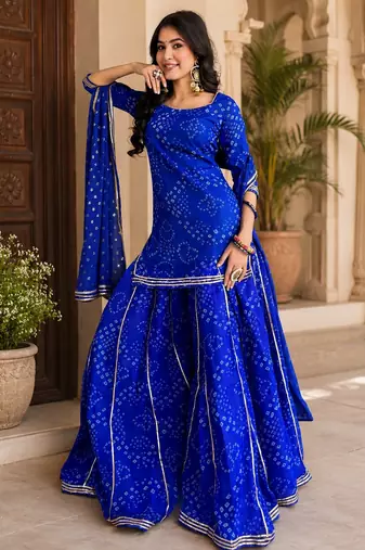 Women bandhani embroidered regular sequinned georgette silk kurta with sharara & with dupatta