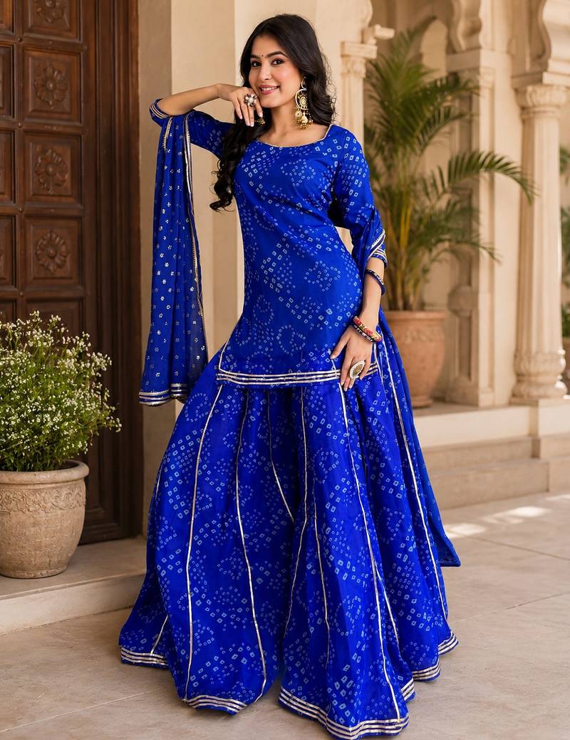 Women bandhani embroidered regular sequinned georgette silk kurta with sharara & with dupatta