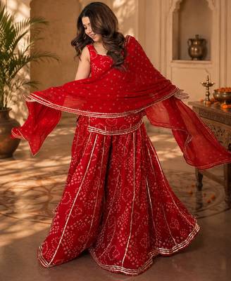 Women bandhani embroidered regular sequinned georgette silk kurta with sharara & with dupatta 4