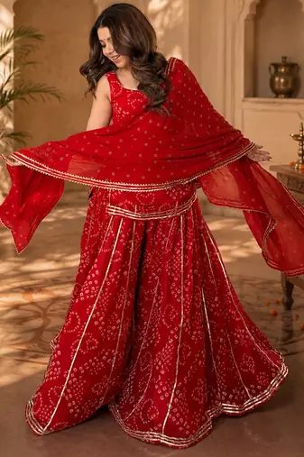 Women bandhani embroidered regular sequinned georgette silk kurta with sharara & with dupatta