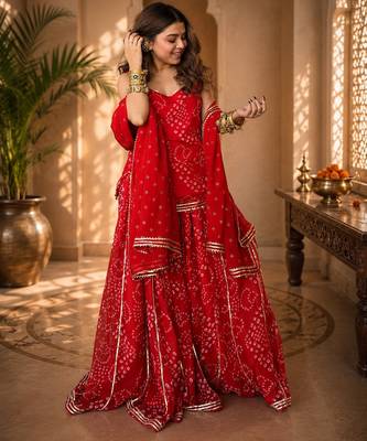 Women bandhani embroidered regular sequinned georgette silk kurta with sharara & with dupatta 5