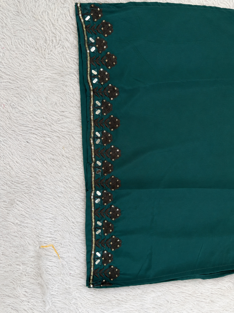 Teal green silk blend thread, zari & sequins embroidered kurta