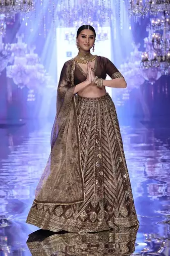 Women's Dark Brown Embroidered Designer Lehenga Choli with V-Neck Blouse & Dupatta
