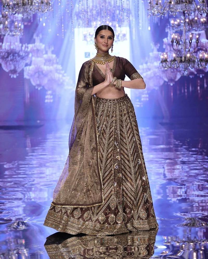 Women's Dark Brown Embroidered Designer Lehenga Choli with V-Neck Blouse & Dupatta