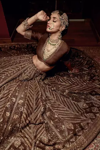 Women's Dark Brown Embroidered Designer Lehenga Choli with V-Neck Blouse & Dupatta